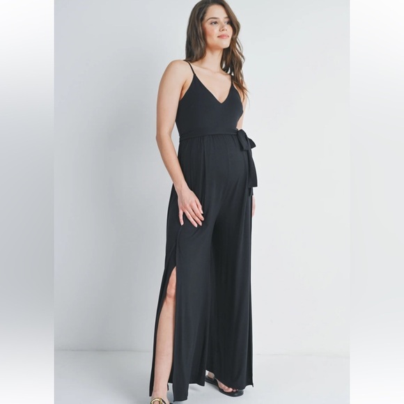 NWOT hello Miz Spaghetti Strap V-Neck Split Hem Maternity Jumpsuit - Picture 2 of 6